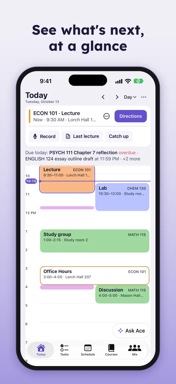 See what's next, at a glance. The Today view mid-class.