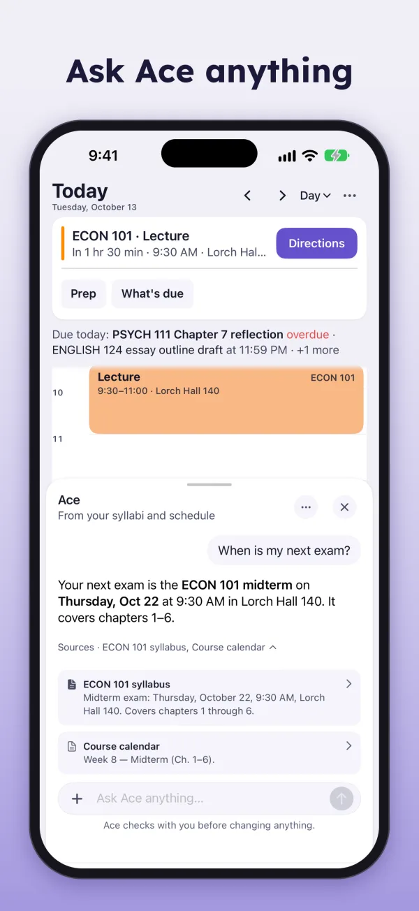 Ask Ace anything. Ace answering when the next exam is, with sources.