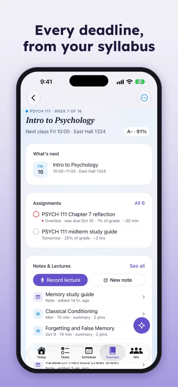Every deadline, from your syllabus. A course page with assignments and grade weights.