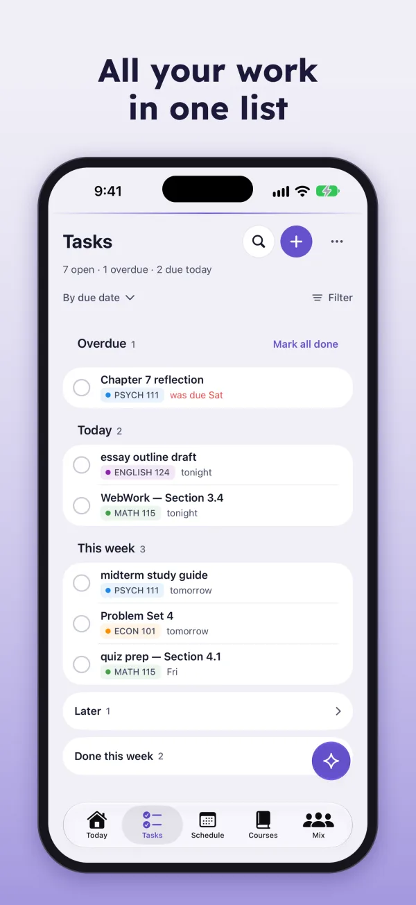 All your work in one list. Tasks grouped by due date.
