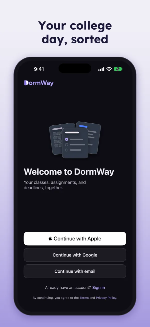 Your college day, sorted. The welcome screen.