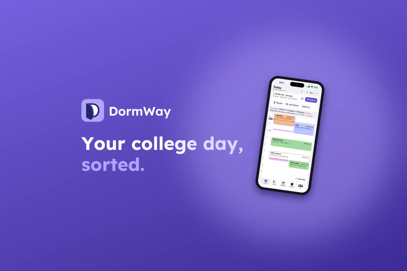 DormWay. Your college day, sorted. An iPhone showing the Today view.