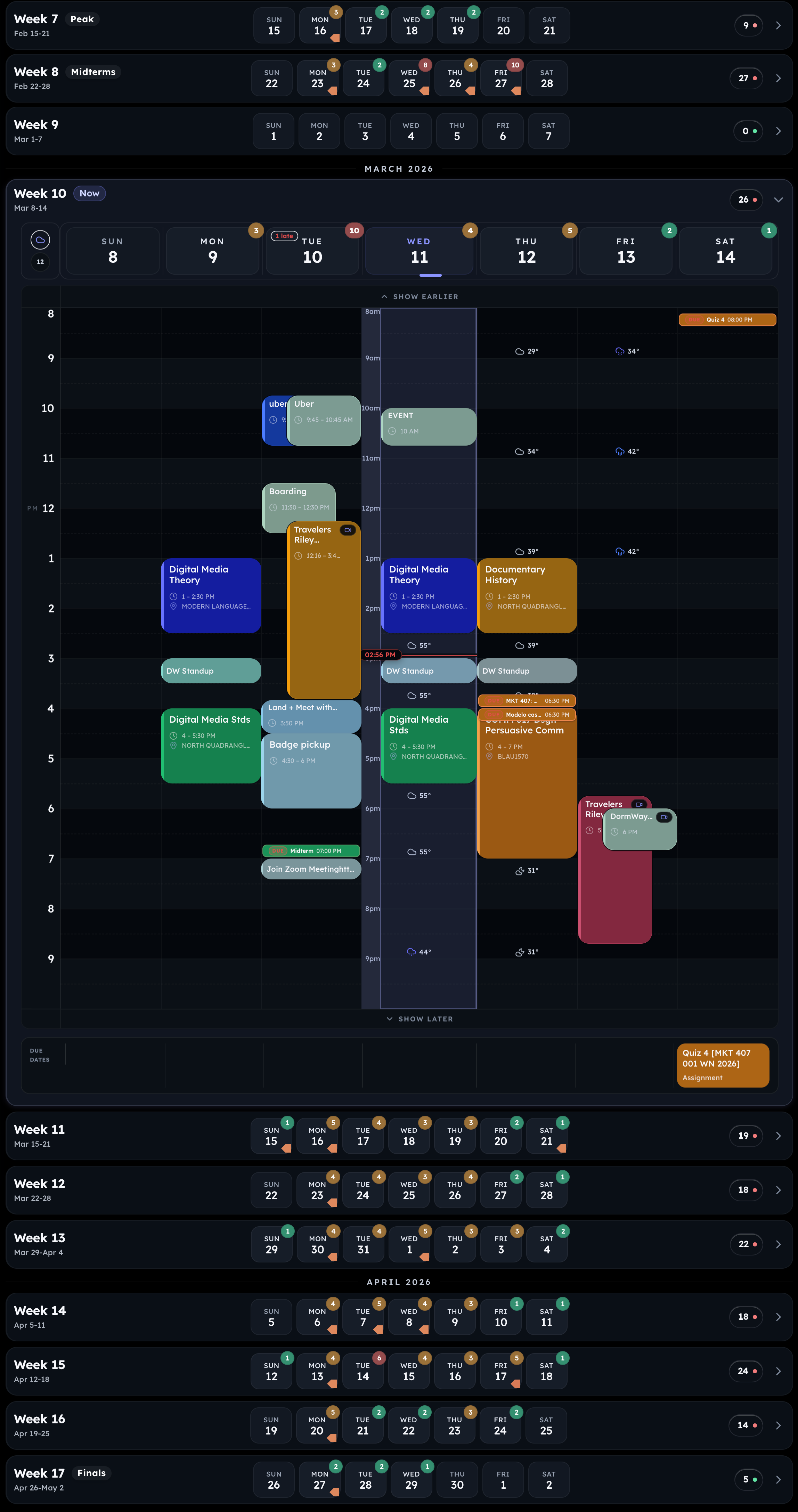 DormWay week view showing Digital Media Theory, Documentary History, deadlines and personal commitments, with other semester weeks above and below.
