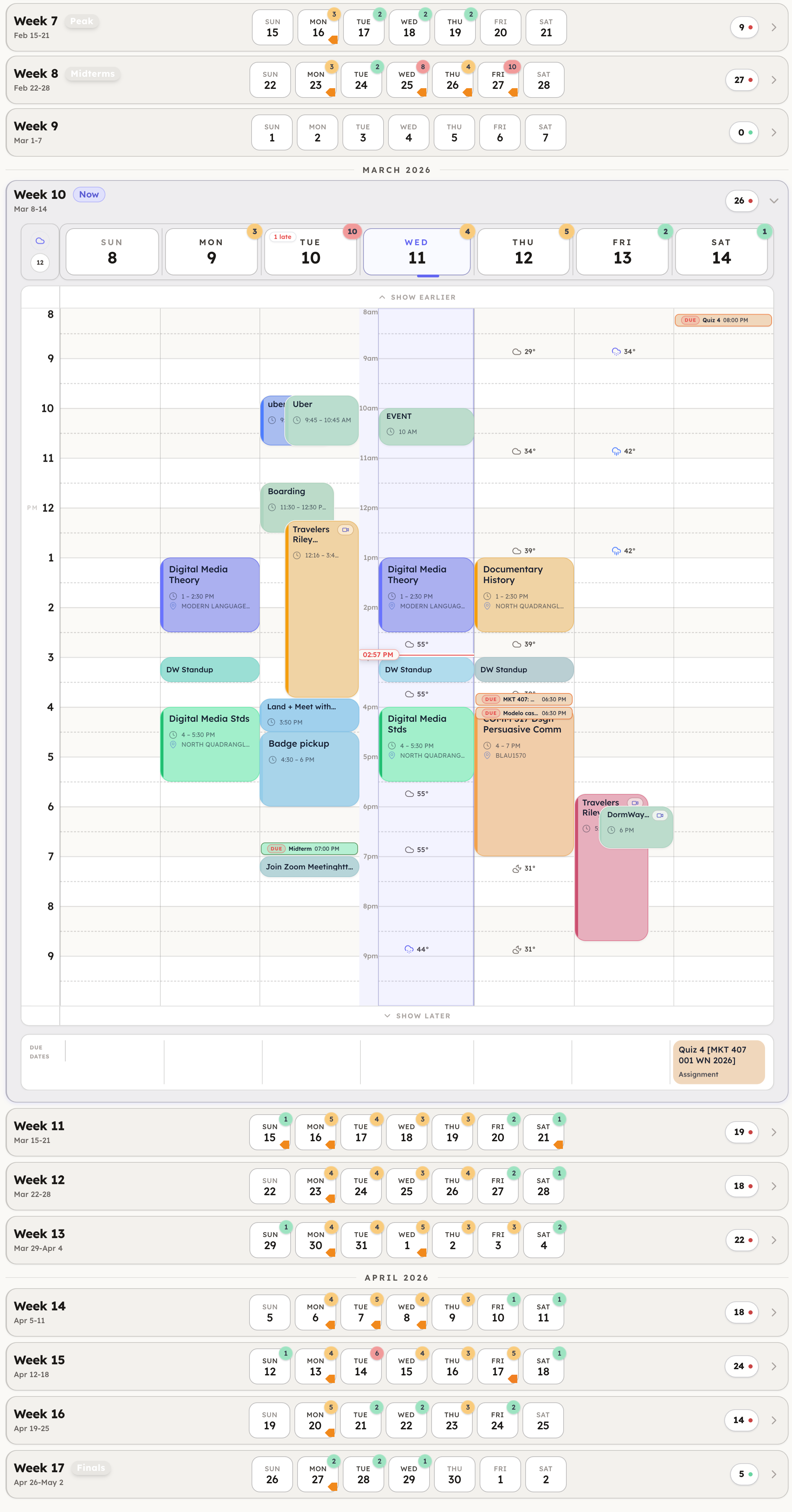 DormWay week view showing Digital Media Theory, Documentary History, deadlines and personal commitments, with other semester weeks above and below.